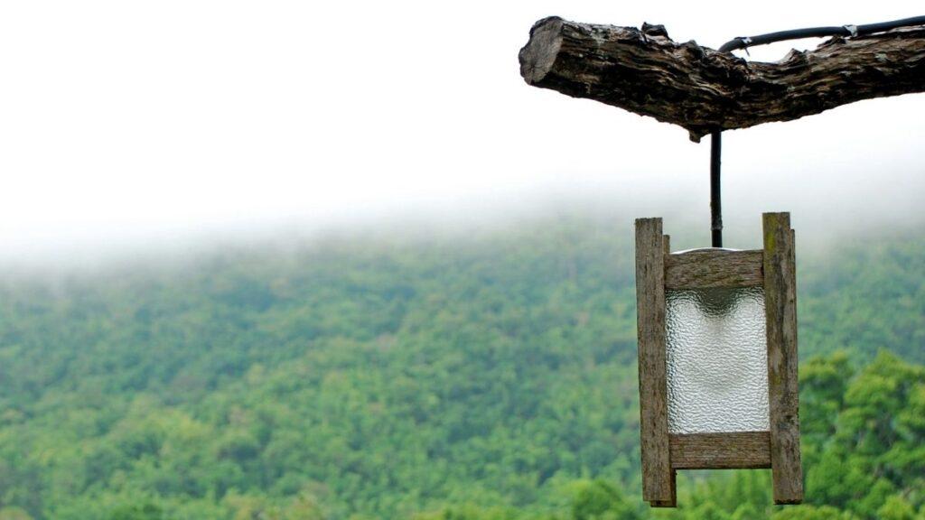 A lantern made from glass and pieces of bark